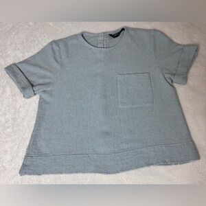 Zara Trafaluc Y2K Mint Linen Like Cuffed Sleeve Back Button Down Blouse Sz Small